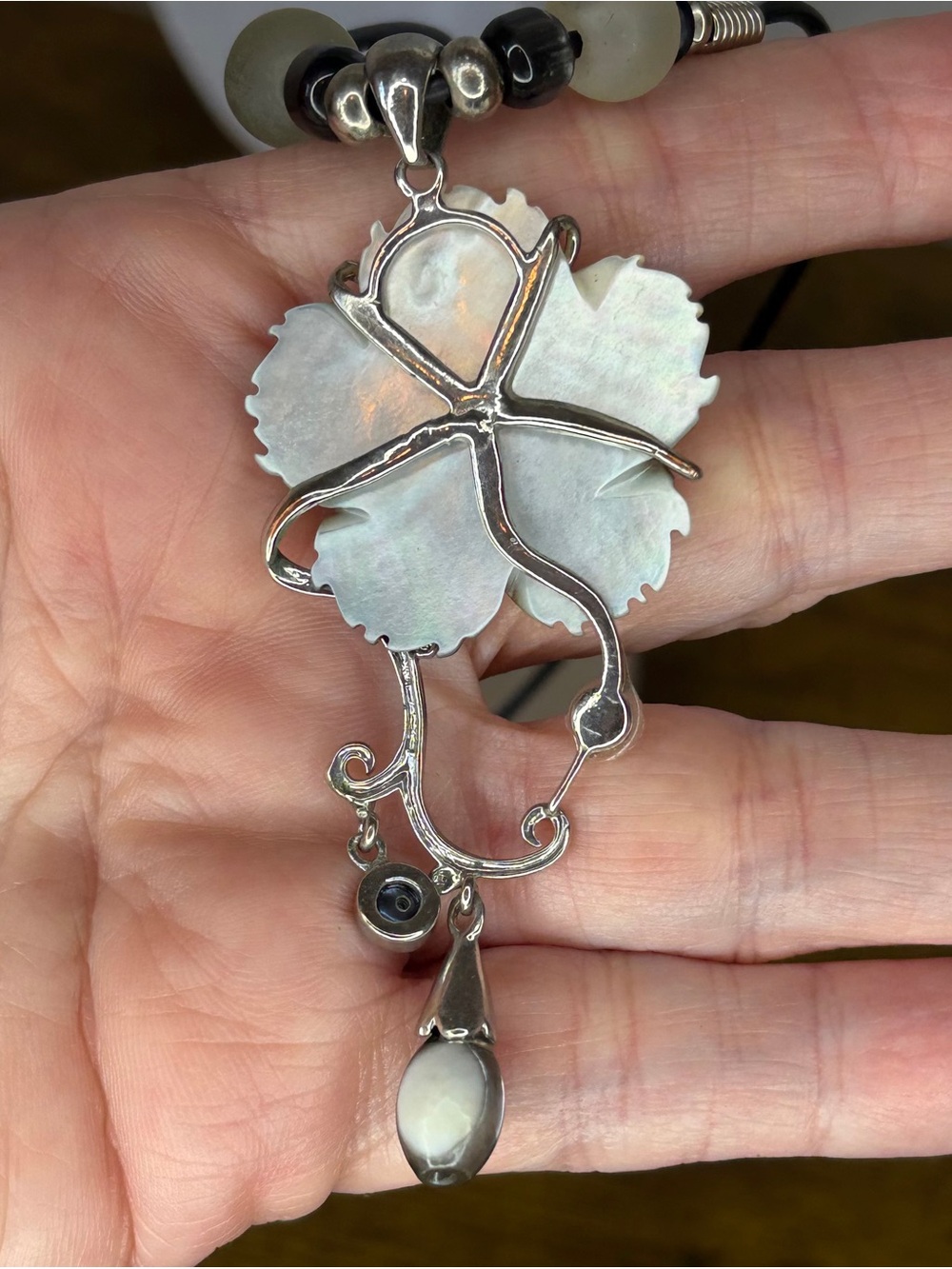 Artisan Mother of Pearl Flower Pendant Necklace on Black Cord - Picture 8 of 8